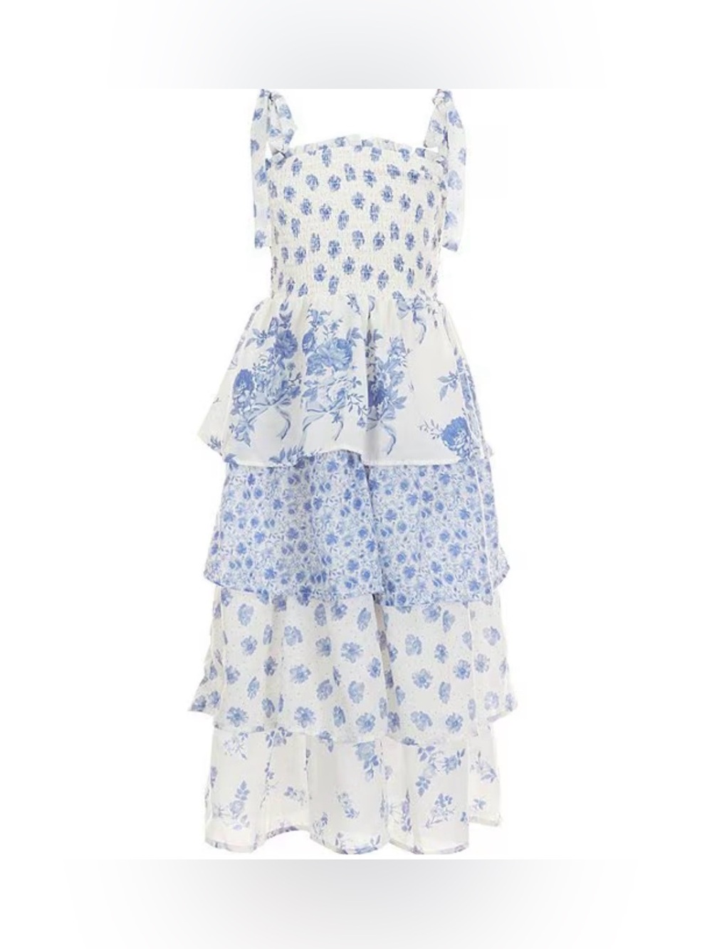 Crystal Doll White and Blue Floral Tiered Maxi Dress